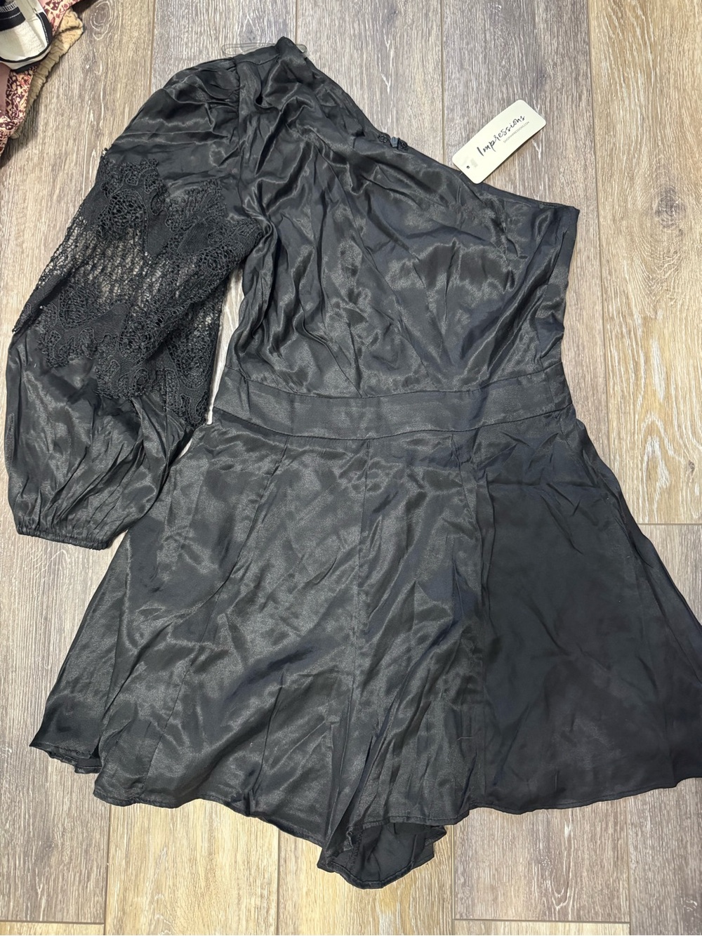 Impressions Black One-Shoulder Lace-Sleeve Romper
